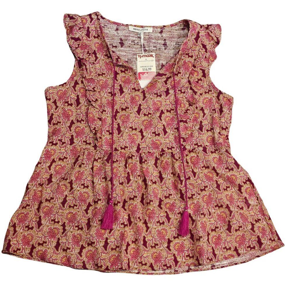 Rose+Olive Sleeveless Blouse Top Boho Ruffles 100% Cotton Flowy Printed Pink M